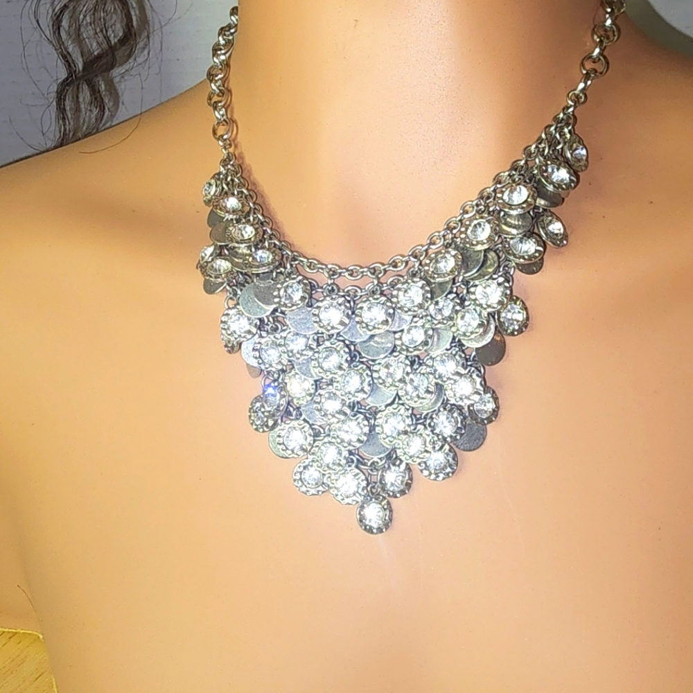 Silver Chain and Rhinestone Bib Necklace